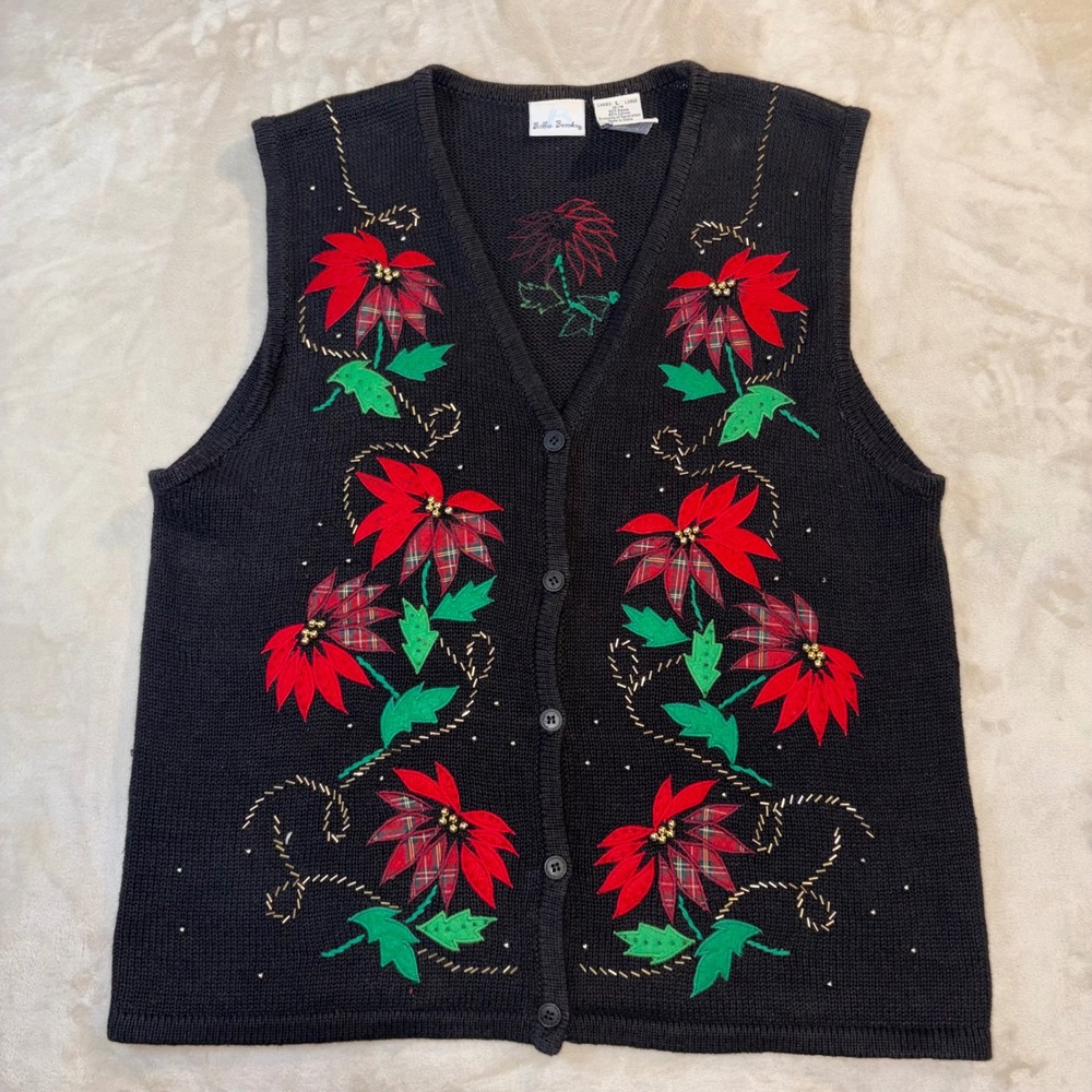 Bobbie Brooks Vintage Christmas Sweater Vest Poinsettia Plaid Beaded Black Large
